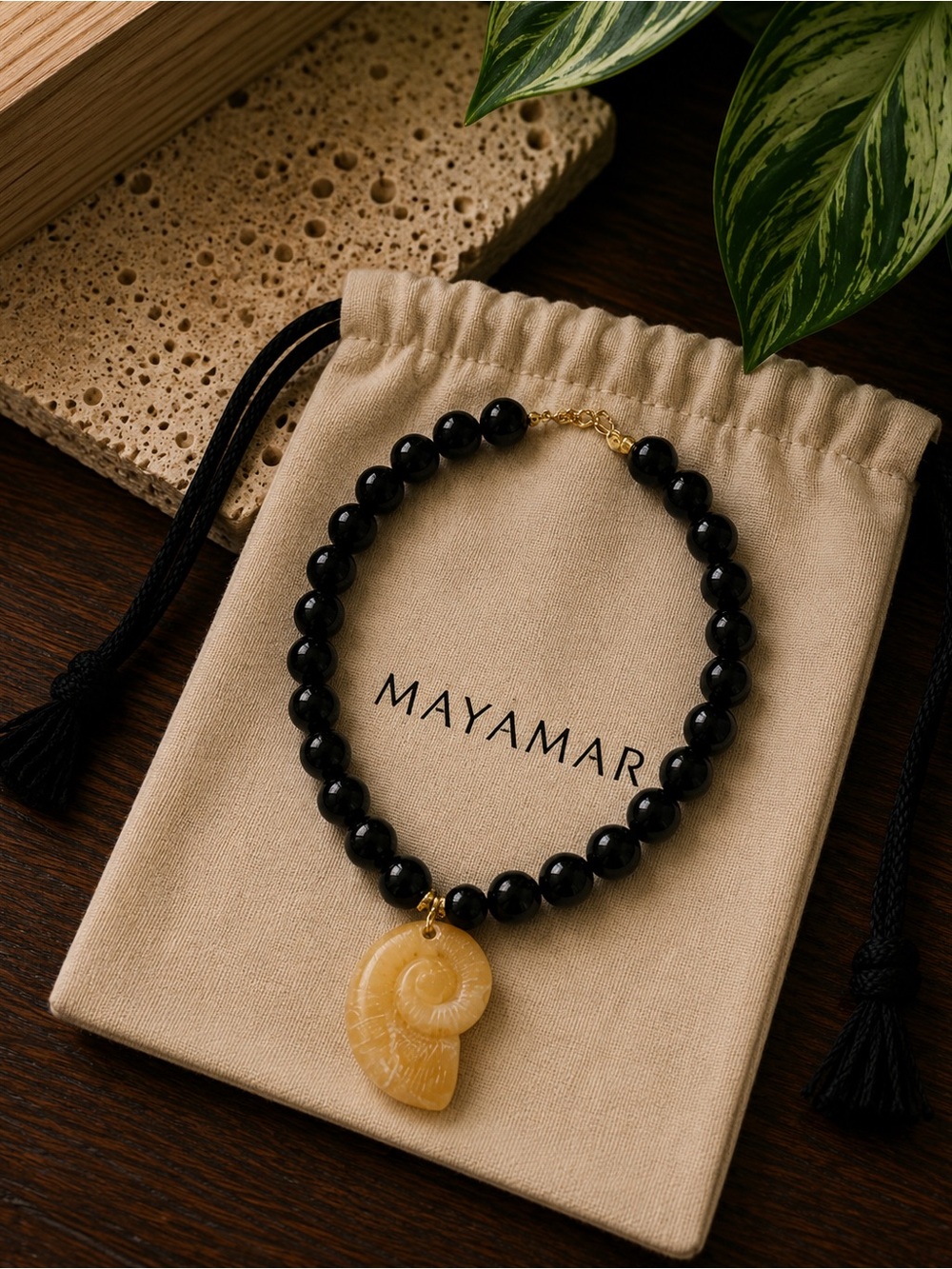 New mayamar Black Bead Necklace with Shell Pendant